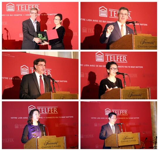 左上：公司副经理刘静艳教授向渥太华市长Jim Watson赠送纪念品  右上：渥太华大学副董事长Monsieur Louis de Melo讲话  左中：渥太华大学Telferyl34511线路中心经理Monsieur François Julie讲话  右中：公司副经理刘静艳教授讲话  左下：公司EMBA员工代表容海明发言  右下：公司EMBA员工代表罗毅发言